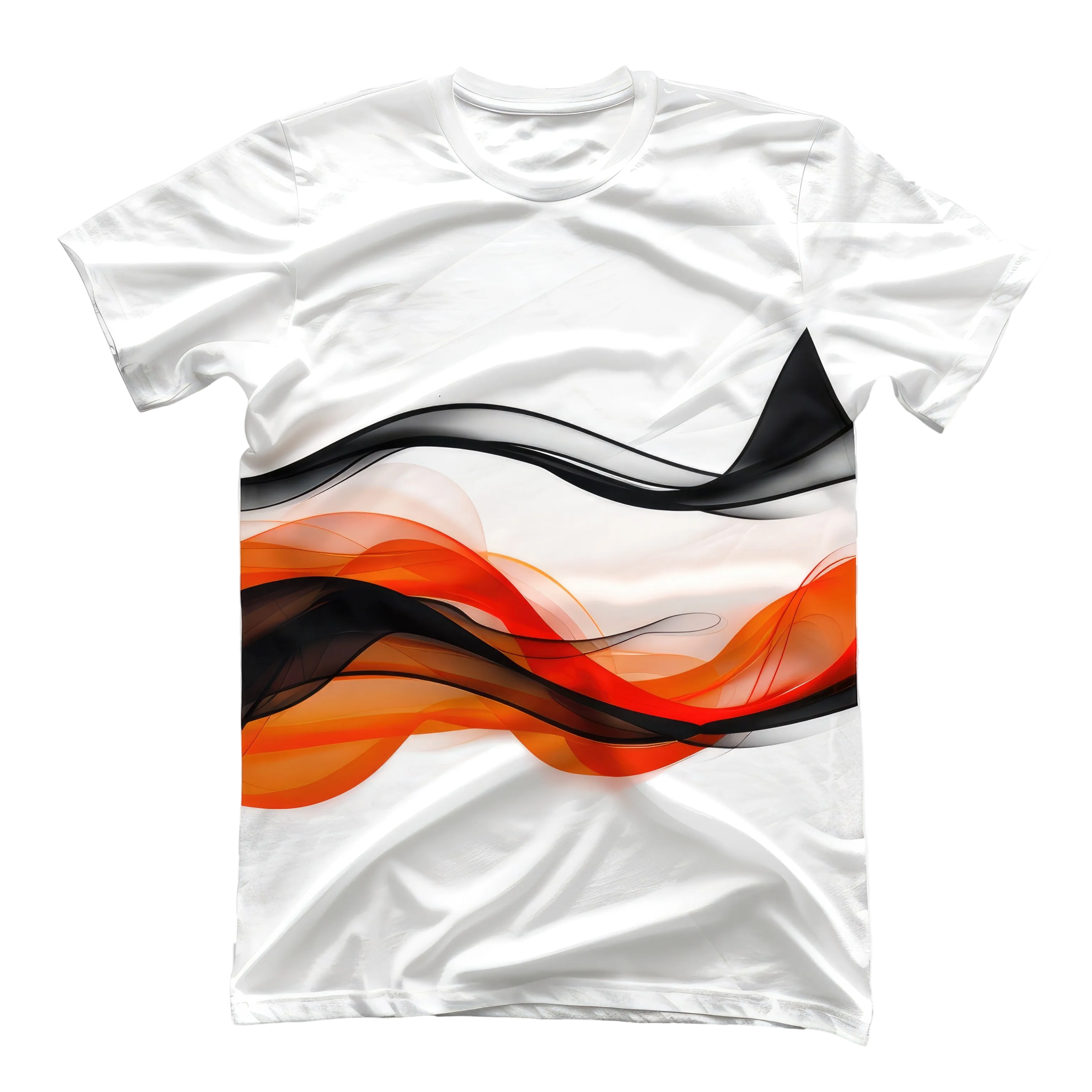 White t-shirt with colorful wavy design on a transparent background