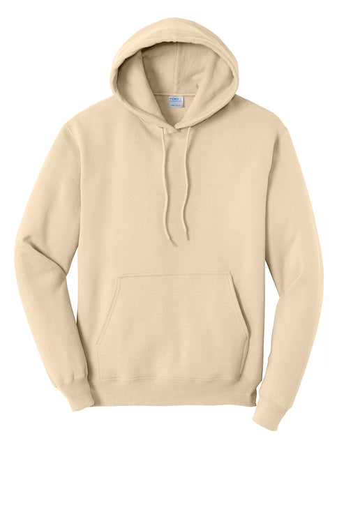 Beige hoodie with a Gildan label on a white background