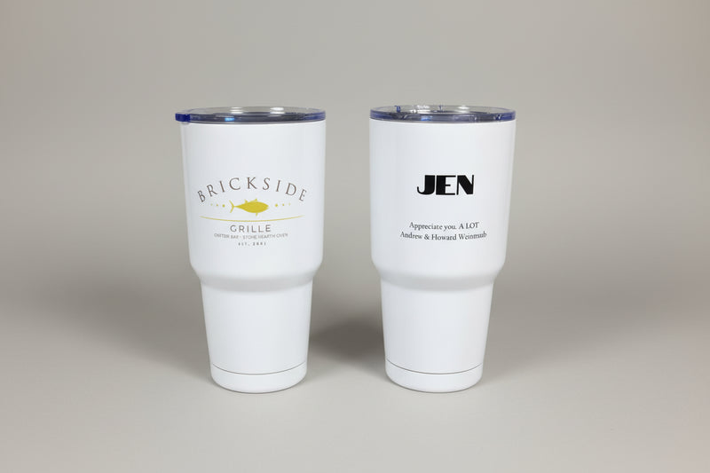 Two white tumblers with 'Brickside Grille' and 'JEN' branding on a white grey backdrop