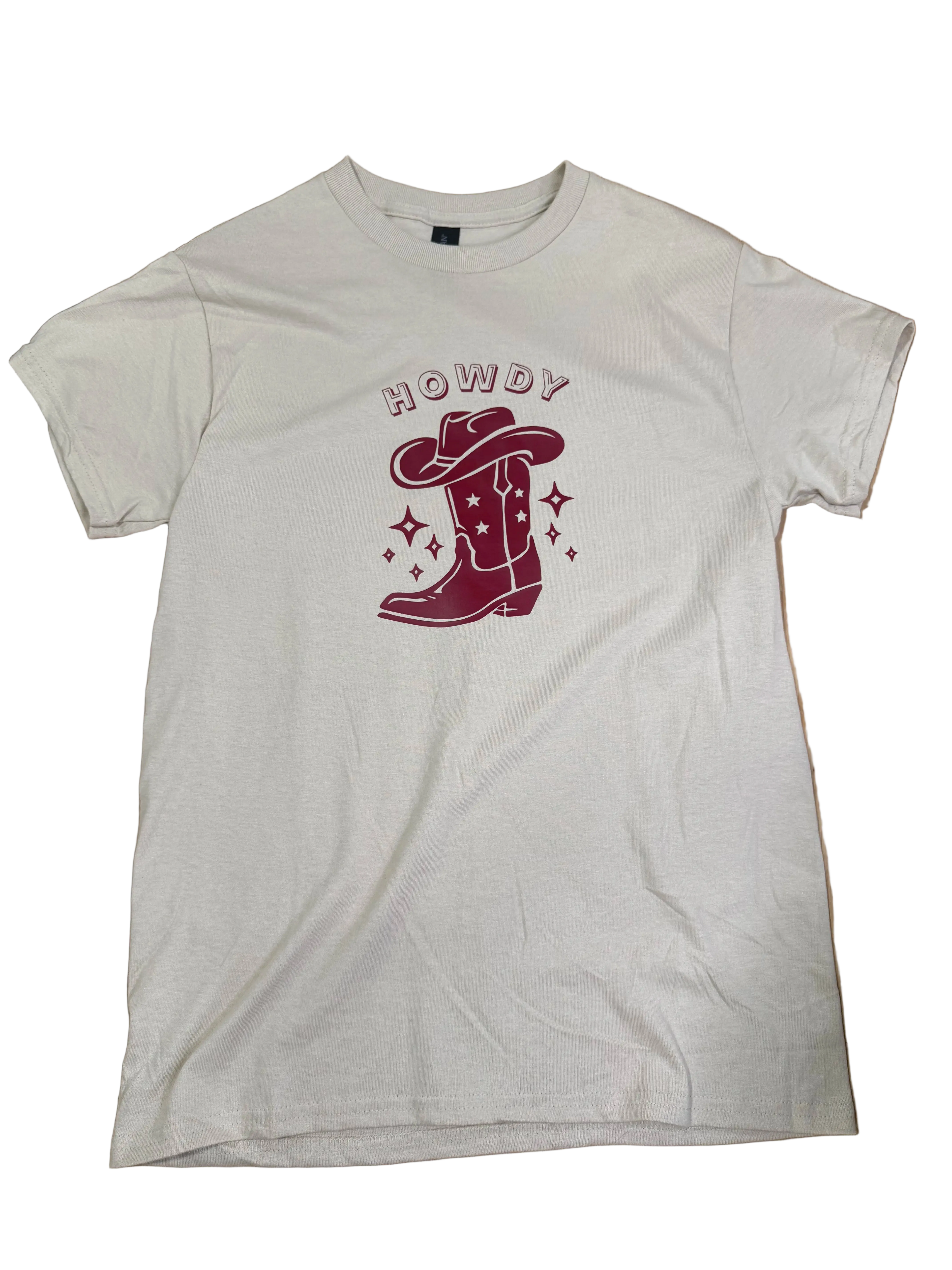 White t-shirt with red cowboy boot graphic and 'HOWDY' text