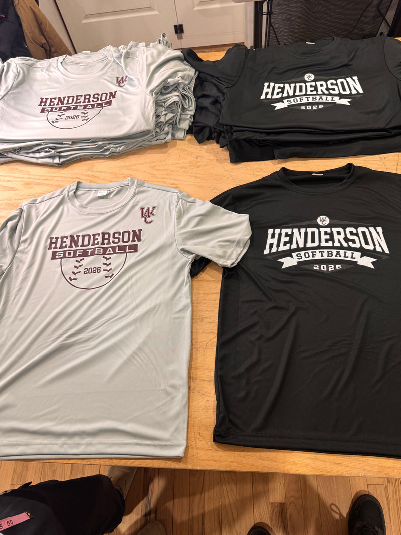 Henderson softball team wear. Polyester shirts with Henderson logos printed on front and backs