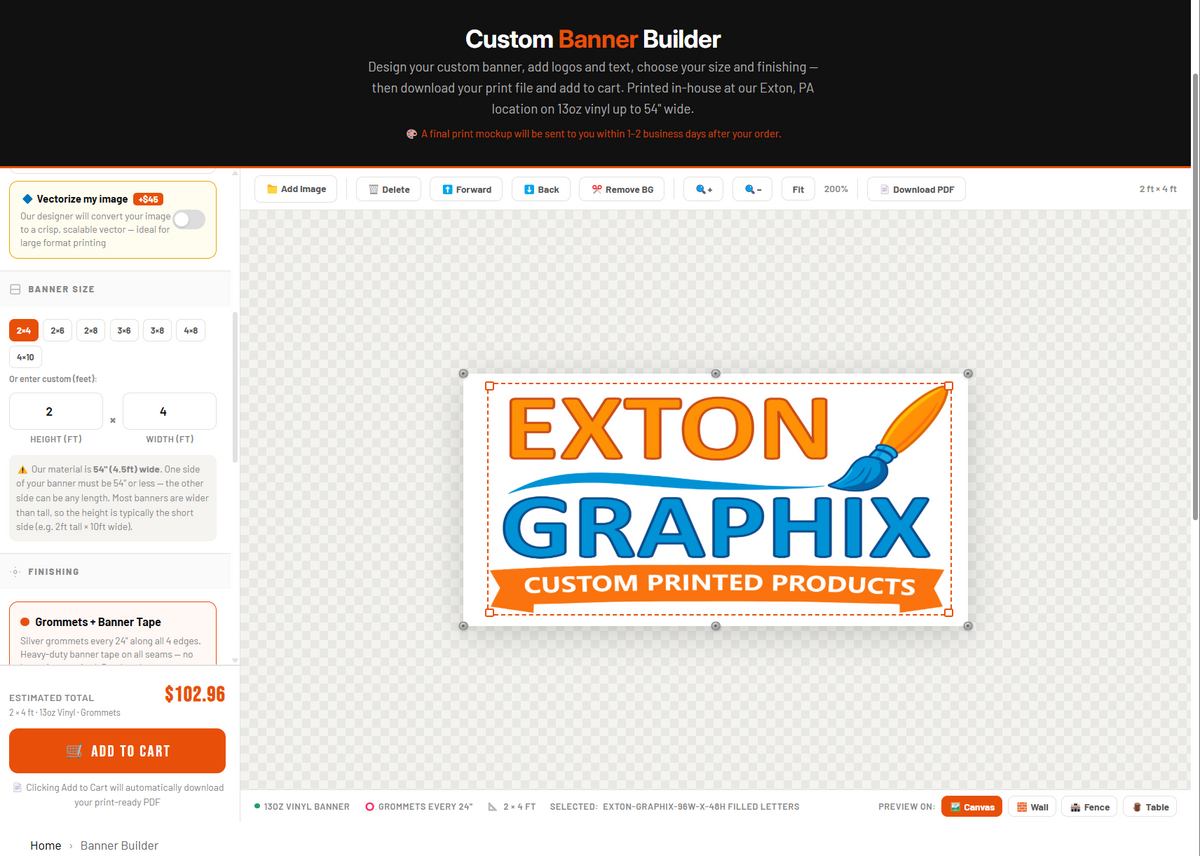 screenshot of the exton graphix banner building tool