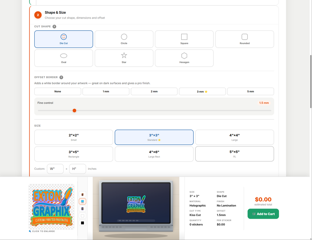 screenshot of the exton graphix sticker builder tool