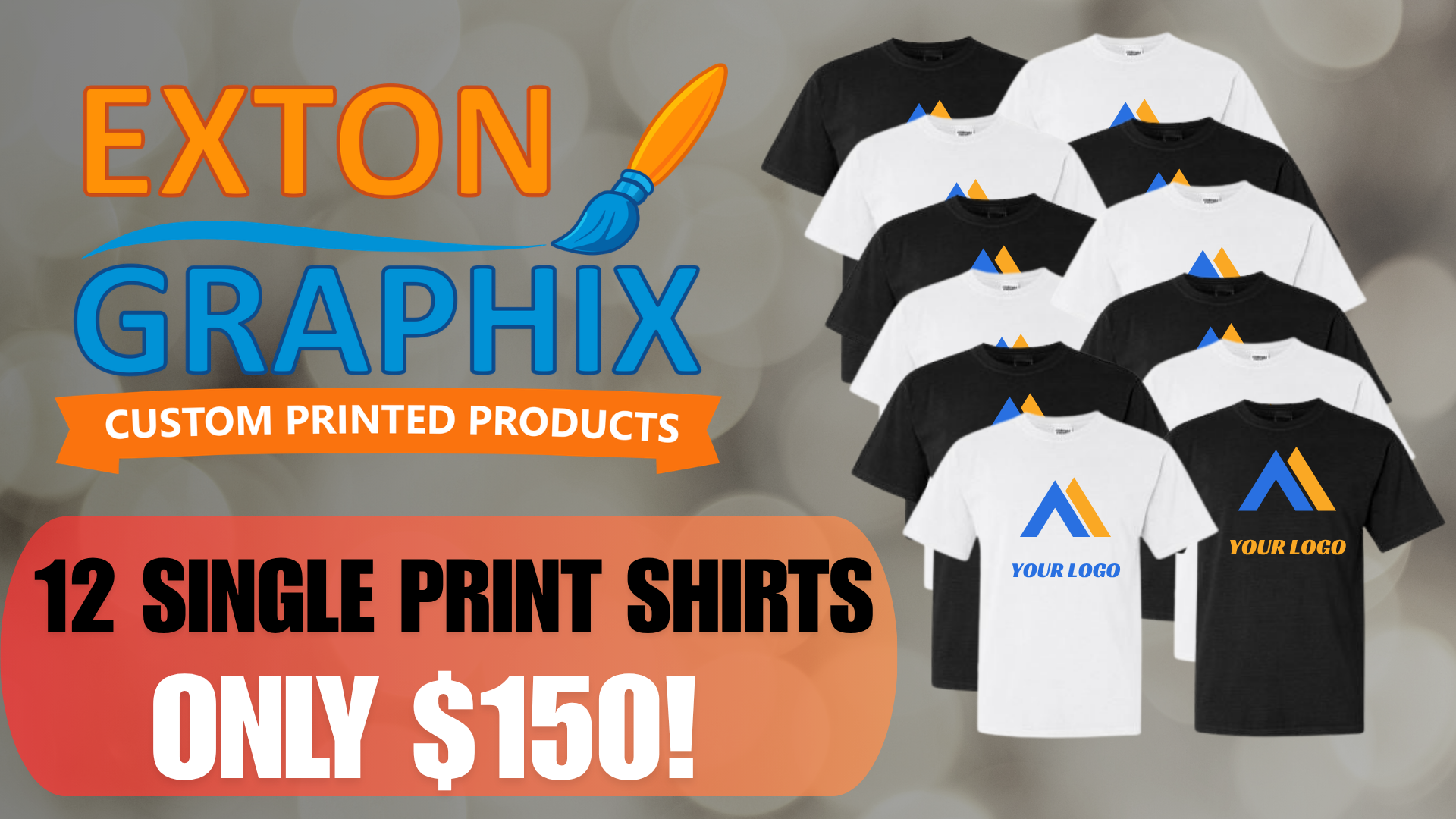 Promotional image of Exton Graphix custom printed shirts with a discount offer.