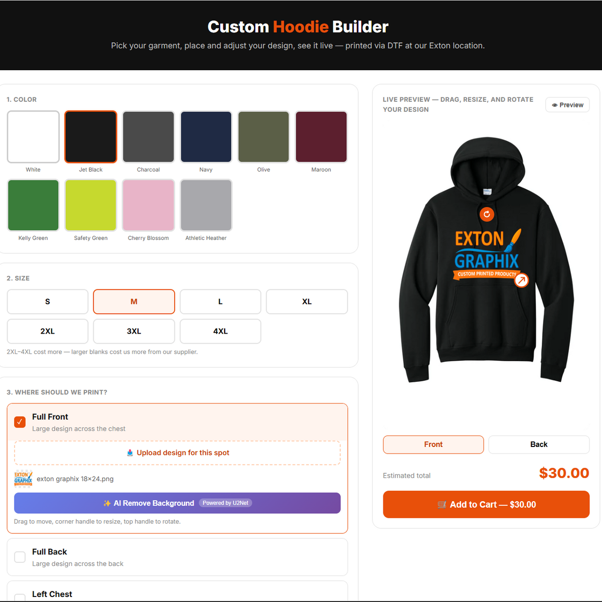 exton graphix hoodie builder layout with different size, color, and design upload options