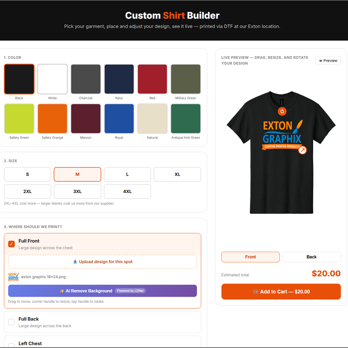 A screenshot of a custom shirt builder webpage showing color options, a black t-shirt mockup with a printed graphic, and a checkout summary panel.
