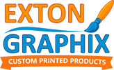Exton Graphix logo with a paintbrush icon and text about custom printed products on a transparent background.